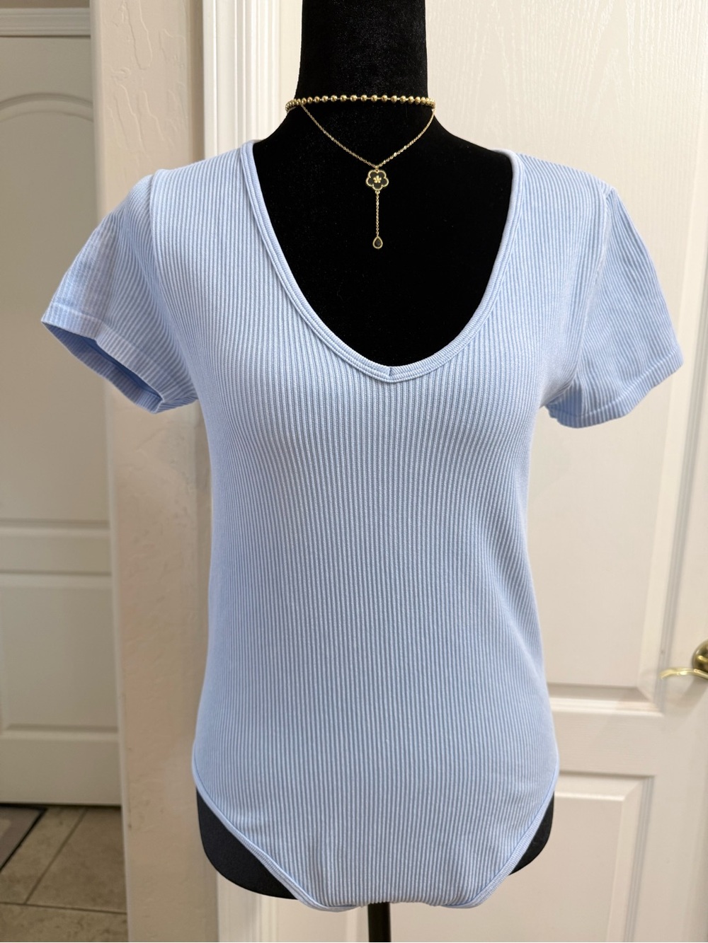 Ribbed Light Blue V-Neck Short Sleeve Bodysuit